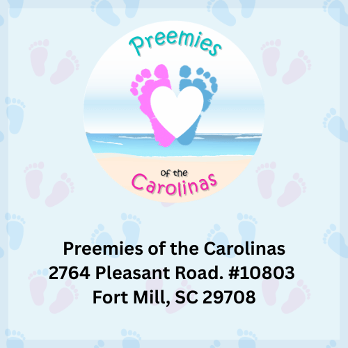 Image with baby feet faded in the background, the Preemies of the Carolinas logo, and the mailing address in South Carolina.
