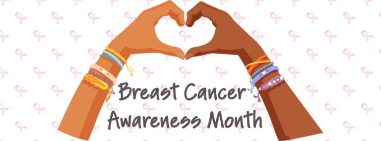 For Breast Cancer Awarness month Create To Donate is making accessories to donate to PA Breast Cancer Coalition. This graphic has two different hands and wrists filled with bracelets forming a heart. The background is pink cause ribbons.